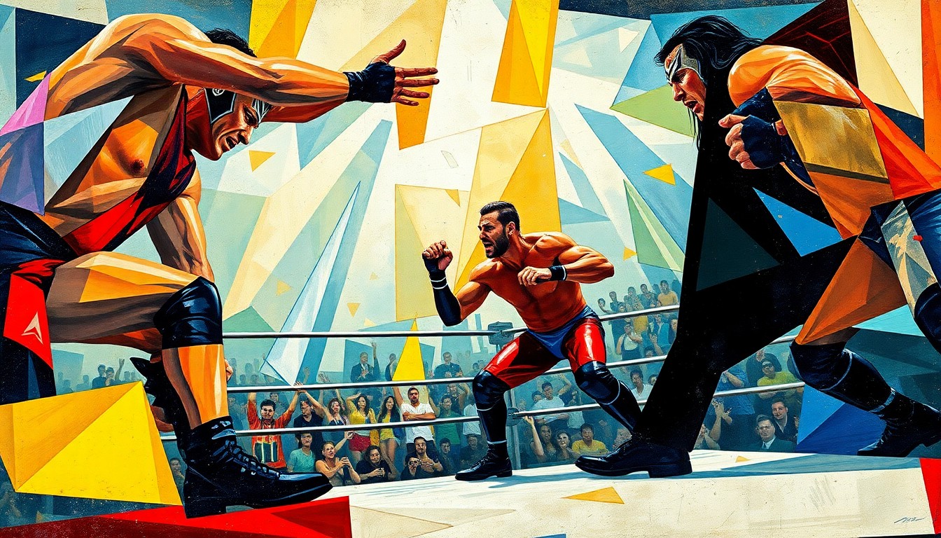 A cubist, geometric painting depicting the chaotic action of a WWE wrestling match, with wrestlers' bodies and limbs abstracted into sharp, overlapping planes of color and shape.