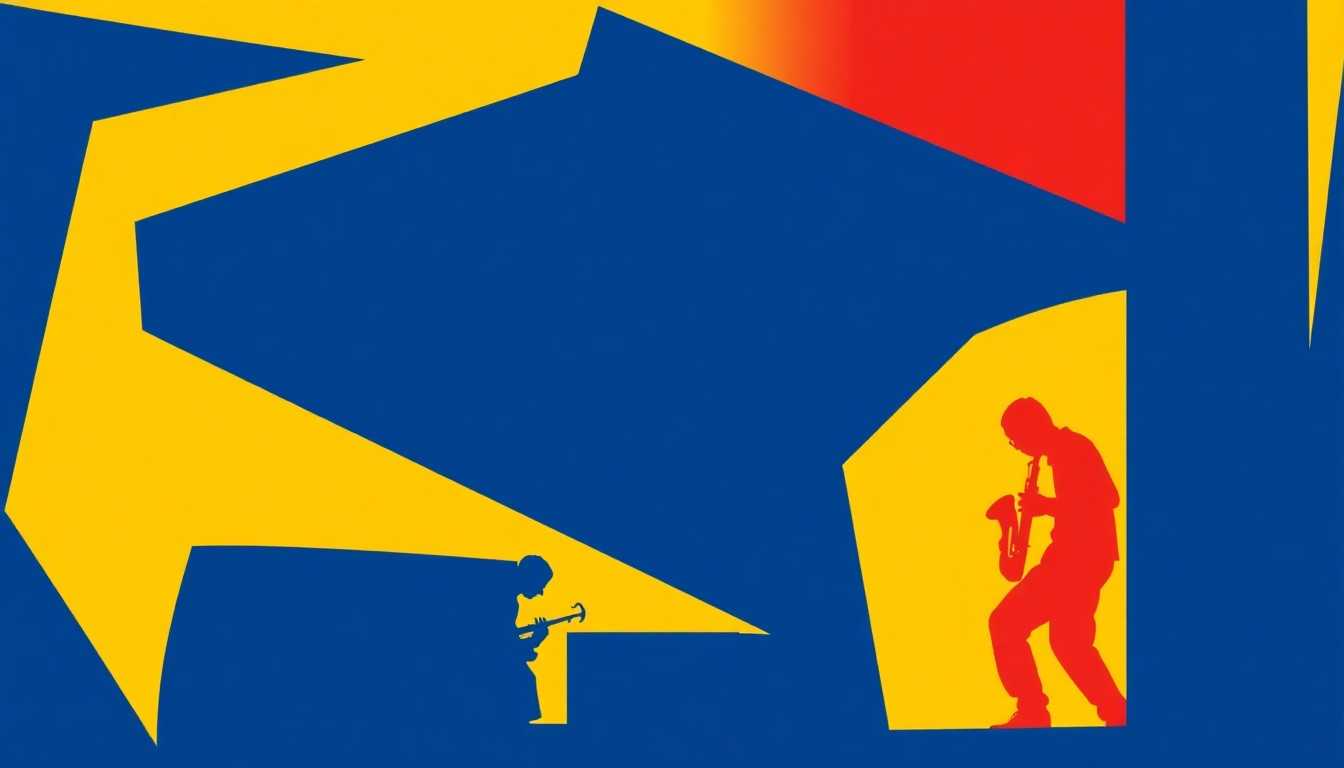 A striking abstract composition of bold, geometric shapes in shades of blue, yellow, and red, conceptually representing the vibrant energy and collaborative nature of the jazz music scene in Birmingham, Alabama.