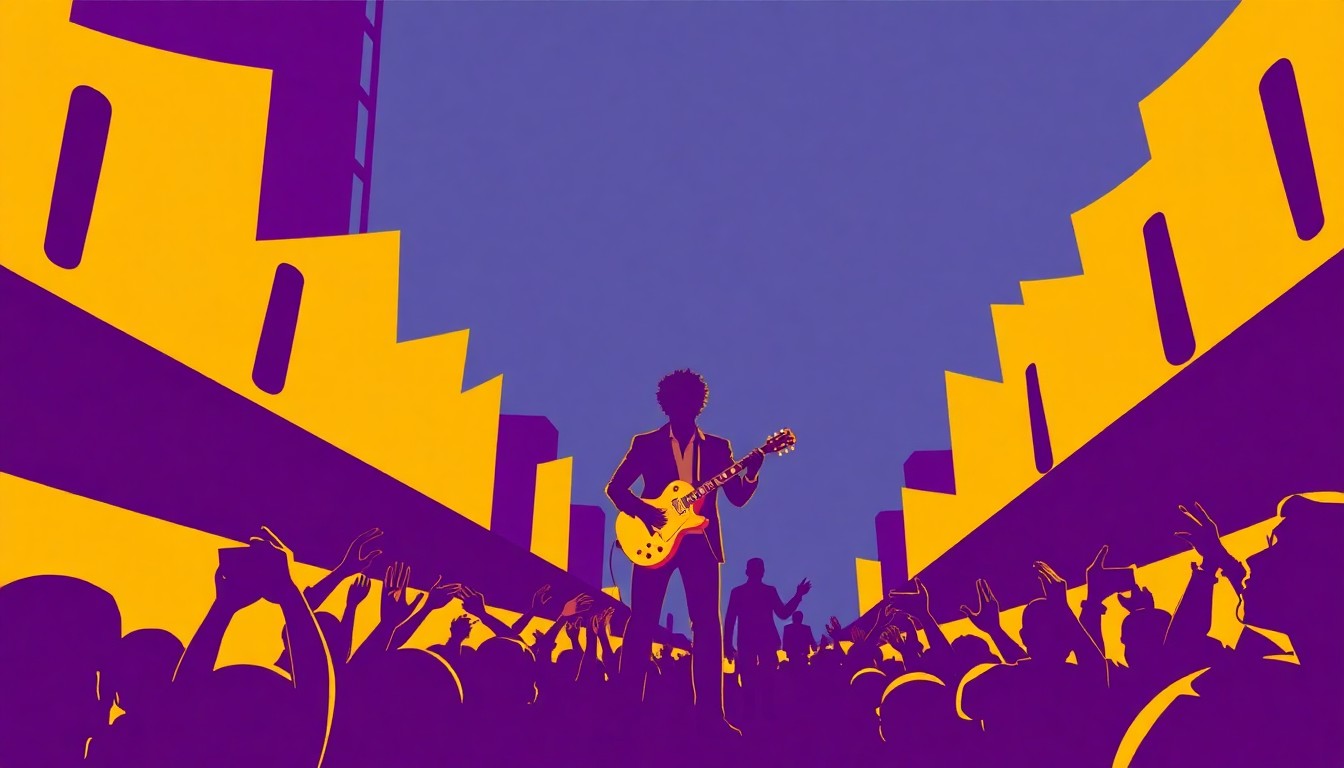 A striking abstract composition of geometric shapes in deep purple and gold, conveying the celebratory energy of a musician's parade through a minimalist, graphic style.