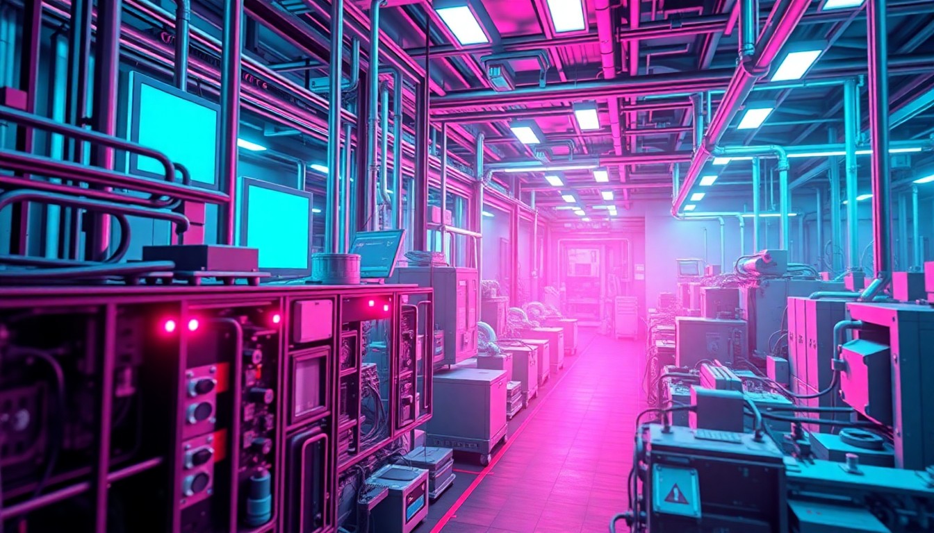 A highly detailed, glowing 3D illustration of a futuristic semiconductor fabrication facility, with intricate machinery and infrastructure illuminated by neon cyan and magenta lights, conceptually representing the coordination of advanced manufacturing systems.