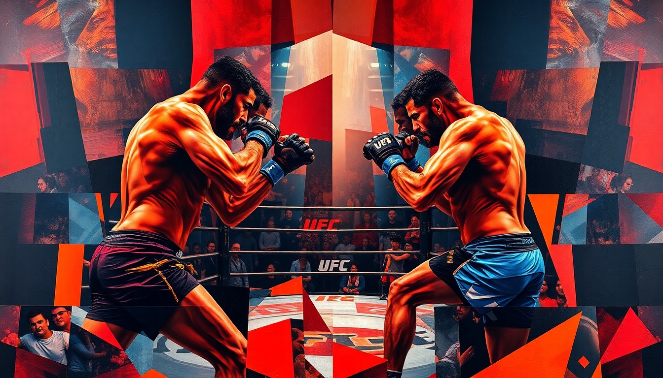 A fragmented, geometric painting in the style of Pablo Picasso depicting the abstract shapes and planes of a UFC fight scene, with fighters' bodies and the octagon deconstructed into vibrant colors and sharp angles.