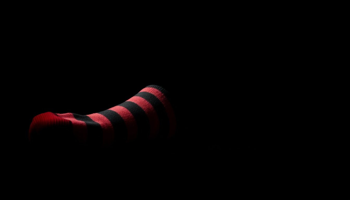 An extreme close-up photograph of a discarded red and black striped sock, lit by a harsh, direct camera flash against a pitch-black background, conceptually representing the physical evidence left behind by the suspect in this public indecent exposure and assault case.