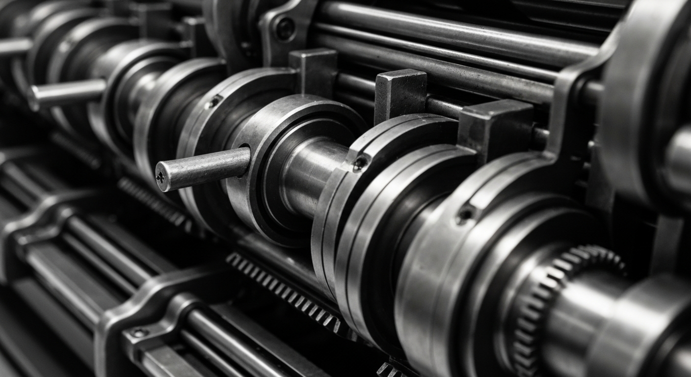 An extreme close-up of a network of gears, levers, and metal components that make up the heavy machinery of the banking and finance industry, conceptually representing the complex systems that support the Permian Basin Royalty Trust's business.