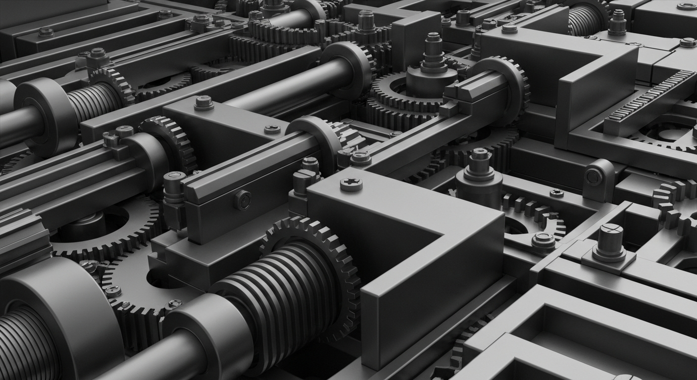 A cinematic close-up of intricately detailed banking and financial machinery, conveying the idea of the complex, institutional forces driving stock market activity without using literal currency or charts.