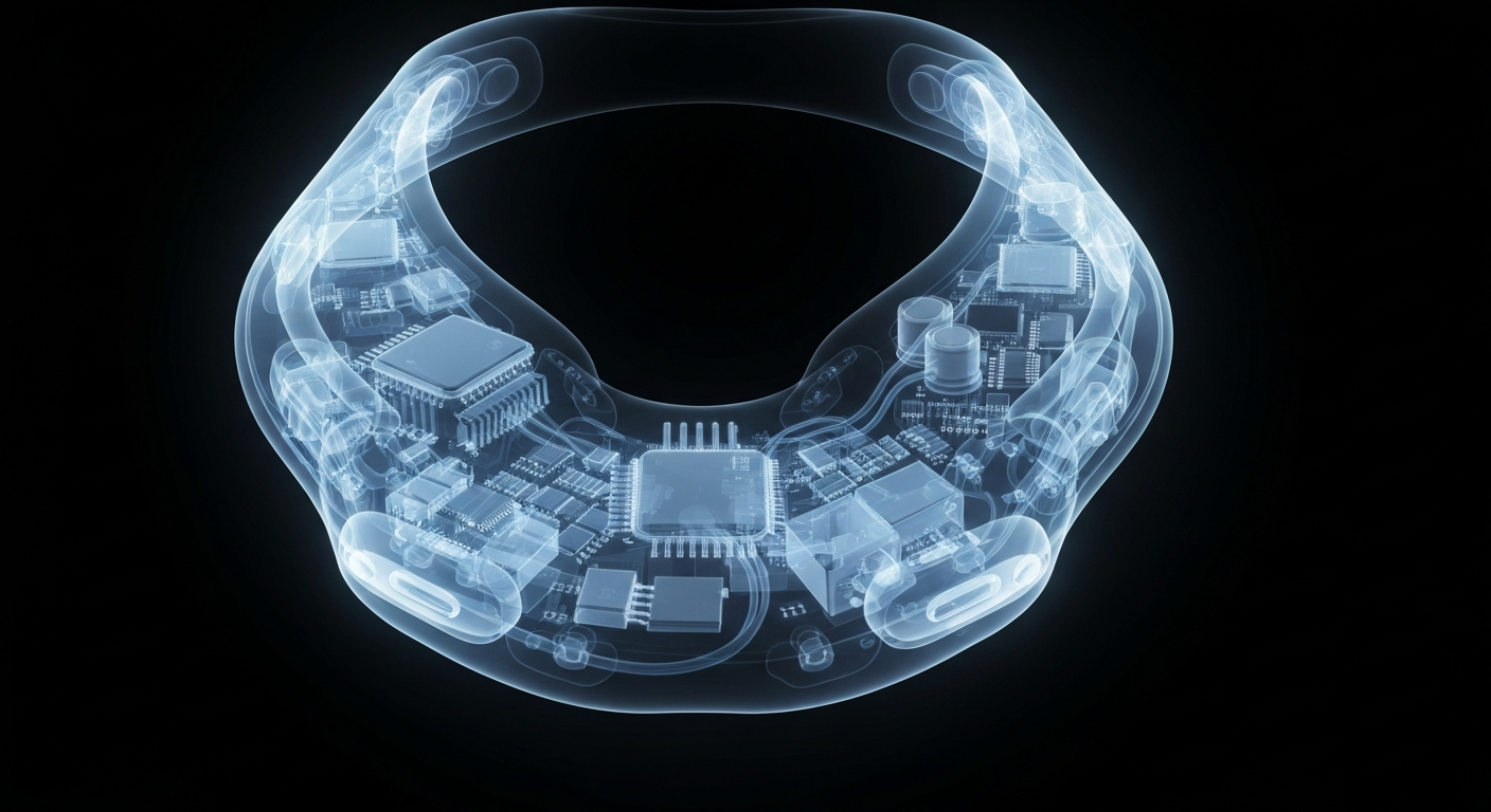 A highly detailed, translucent X-ray photograph showing the intricate internal structure of a neck-worn wearable device, conceptually representing the technology behind a vagus nerve stimulation wellness product.