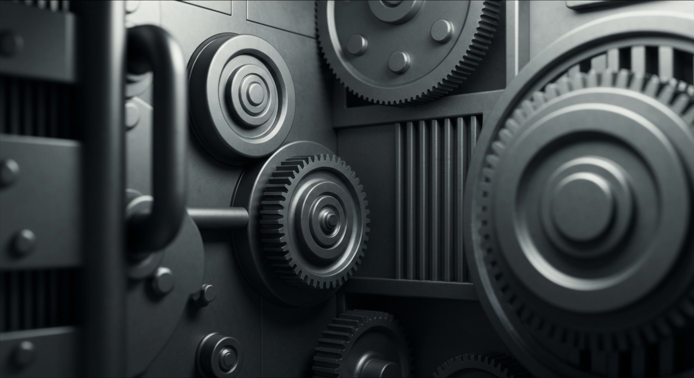 An extreme close-up of the intricate mechanical components of a bank vault, conveying the secure and reliable nature of Riverview Bancorp's banking operations.