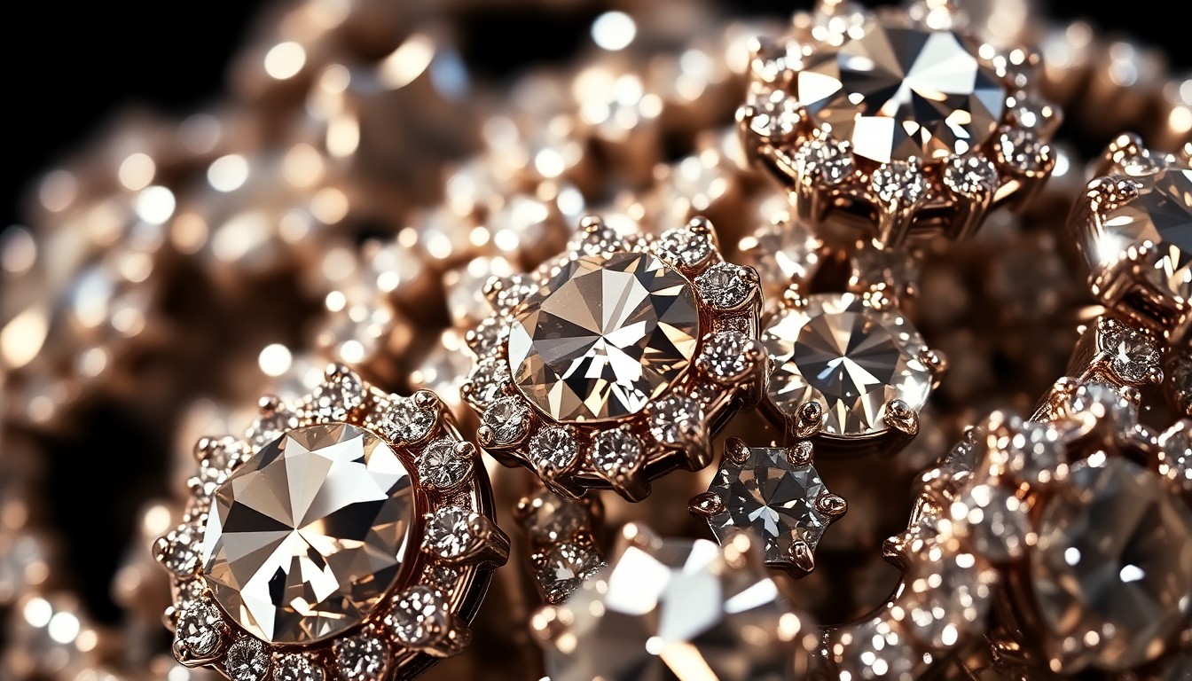 An abstract close-up photograph of sparkling diamond jewelry under dramatic studio lighting, conveying the glamour and luxury associated with celebrity culture.