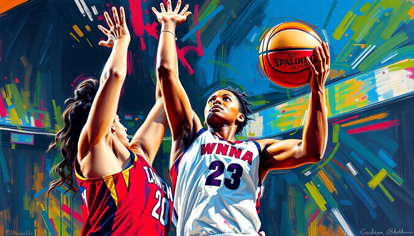 A dynamic, expressionist painting in vibrant neon colors depicting the powerful defensive motion of a WNBA player blocking a shot, conveying the raw energy and intensity of the game.