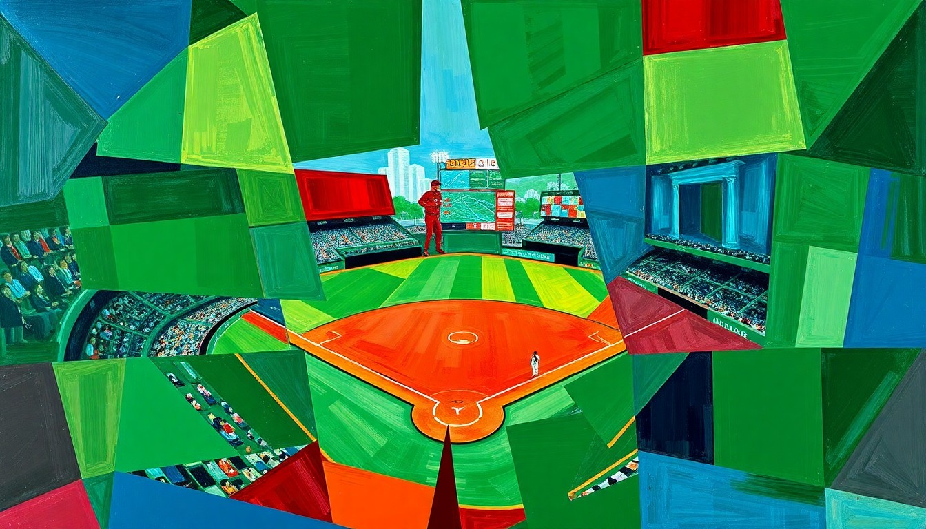 A fragmented, geometric painting depicting a baseball game with overlapping planes of green, red, and blue, conveying the dynamic energy and competition of the sport.