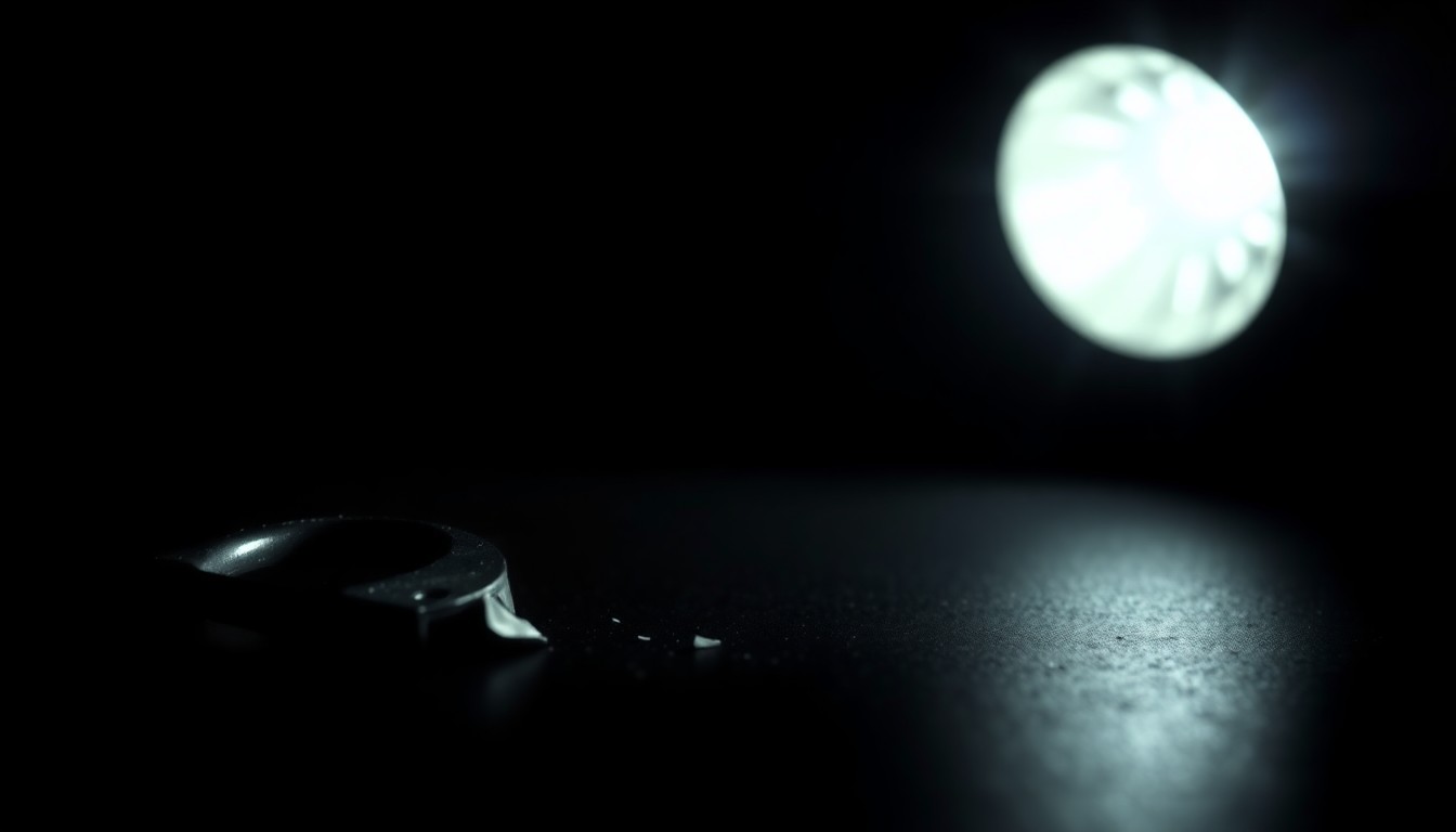 An extreme close-up of a broken lock or discarded item from a crime scene, dramatically lit with a harsh flash against a dark background, conceptually representing the unresolved investigation into the 2011 death of a real estate agent.