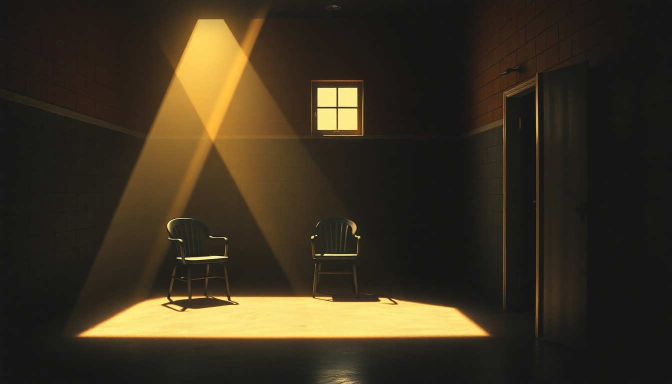 A serene, cinematic painting of an empty detention cell with a single chair and a small window, bathed in warm, diagonal sunlight and deep shadows, conveying a sense of melancholy and isolation.