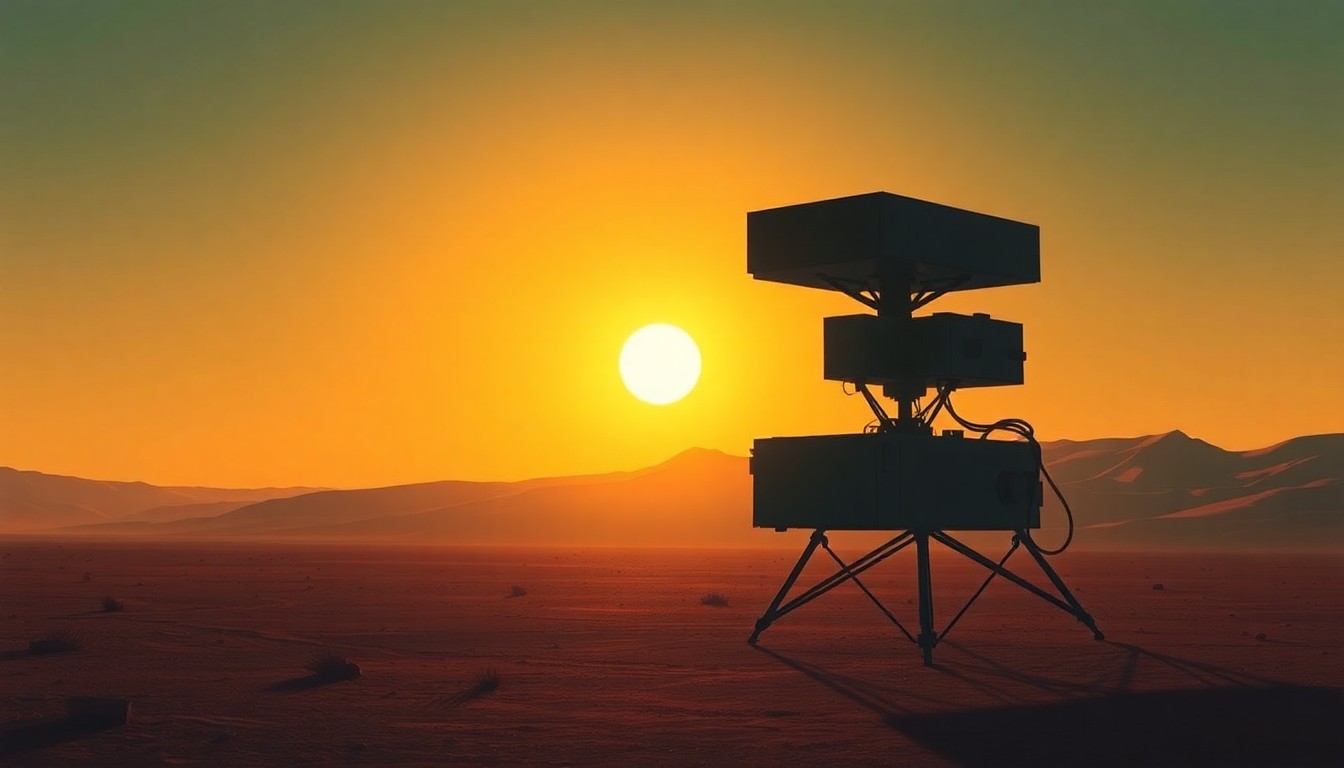 A serene, photorealistic painting of an anti-drone laser system standing alone in a desert landscape, with warm sunlight casting deep shadows across the scene, conveying a sense of quiet contemplation around the use of this emerging technology.