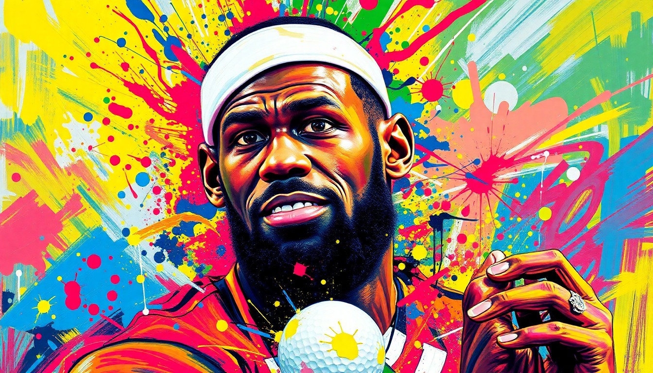 An abstract, expressionist painting in vibrant neon colors depicting the dynamic motion and energy of a golfer, with the figure and golf ball dissolving into abstract brushstrokes.