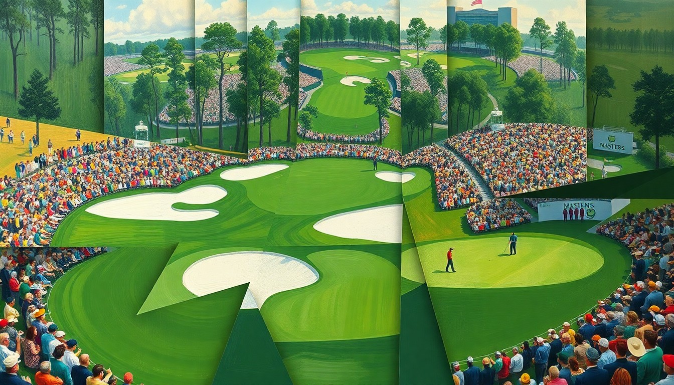 A cubist, geometric painting depicting the Masters golf tournament, with overlapping planes of green fairways, white bunkers, and colorful spectators, capturing the energy and excitement of the event.