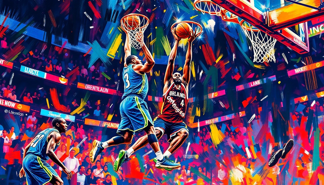 A dynamic, expressionist painting in vibrant neon colors depicting the intense action and energy of an NBA basketball game, with players soaring through the air and the ball seemingly bursting with energy.