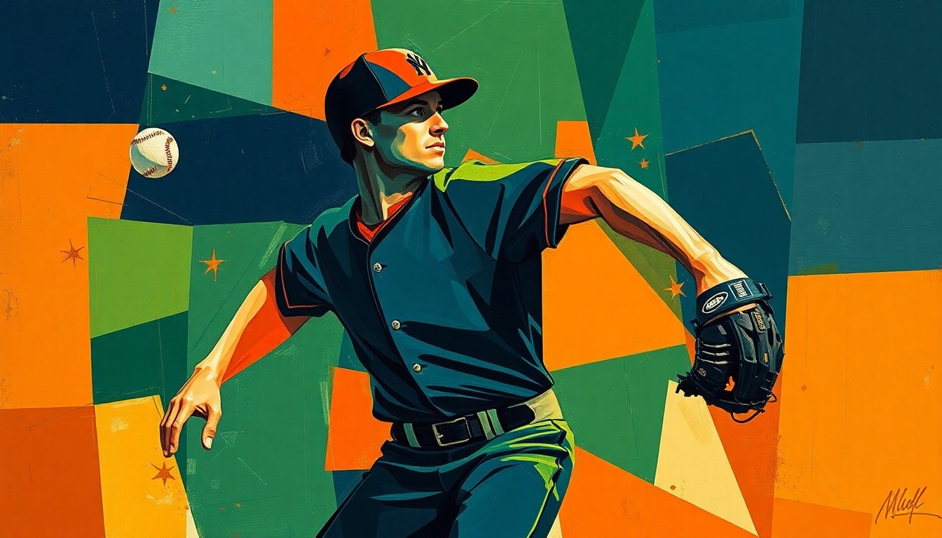 A fragmented, geometric painting depicting the motion of a baseball pitcher, with sharp planes of navy, green, and orange overlapping to create a dynamic, abstract representation of the sport.