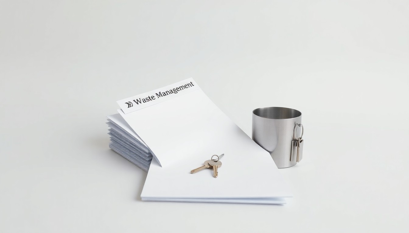 A high-end, photorealistic studio still-life photograph featuring a stack of neatly organized waste management documents, a sleek metal trash can, and a set of keys on a plain white background, conceptually representing the business strategy and operational efficiency of the waste management industry.