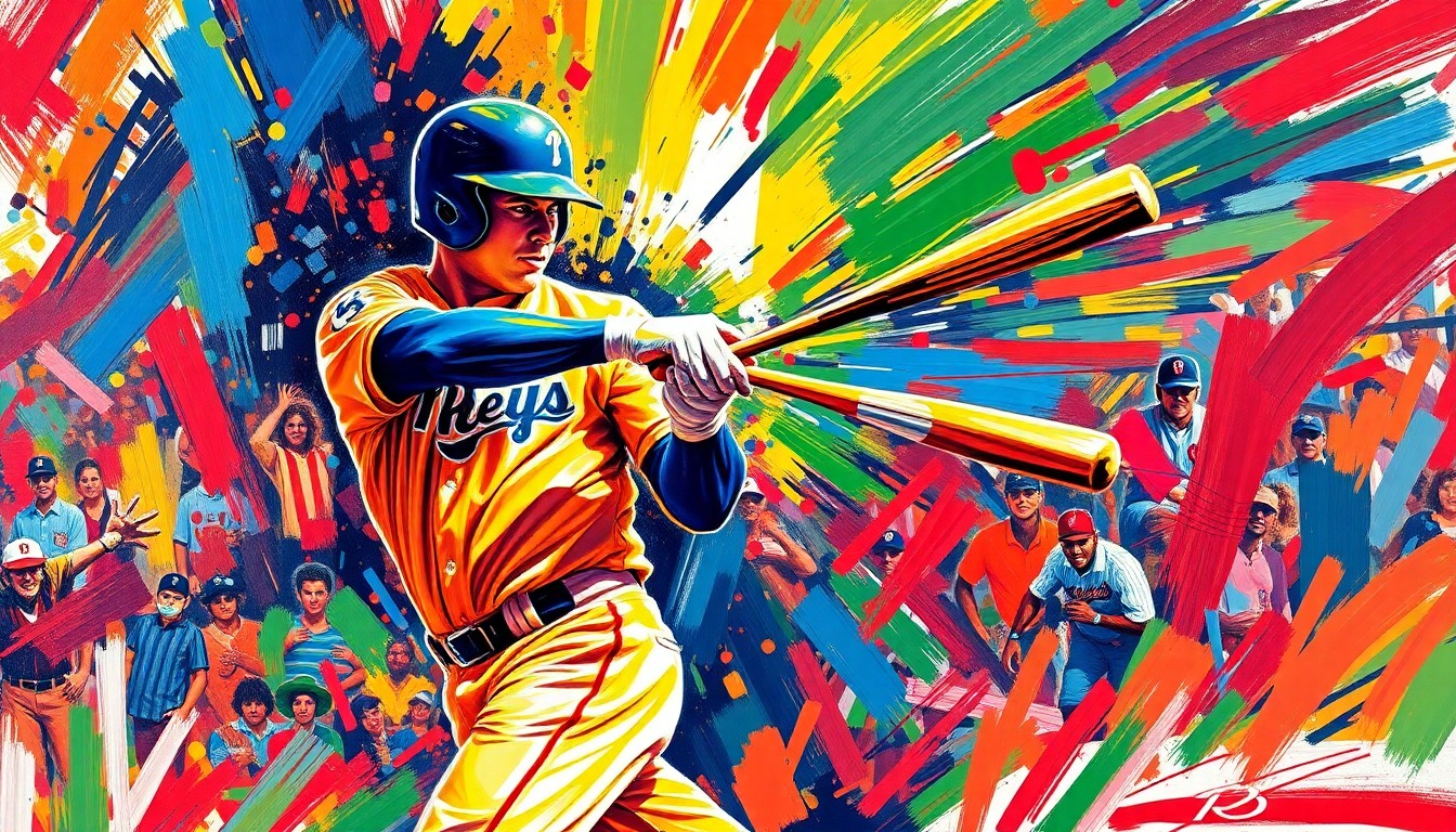 An abstract, energetic painting in neon colors depicting the powerful swing and motion of a baseball player hitting a home run, capturing the raw athleticism and excitement of the game.