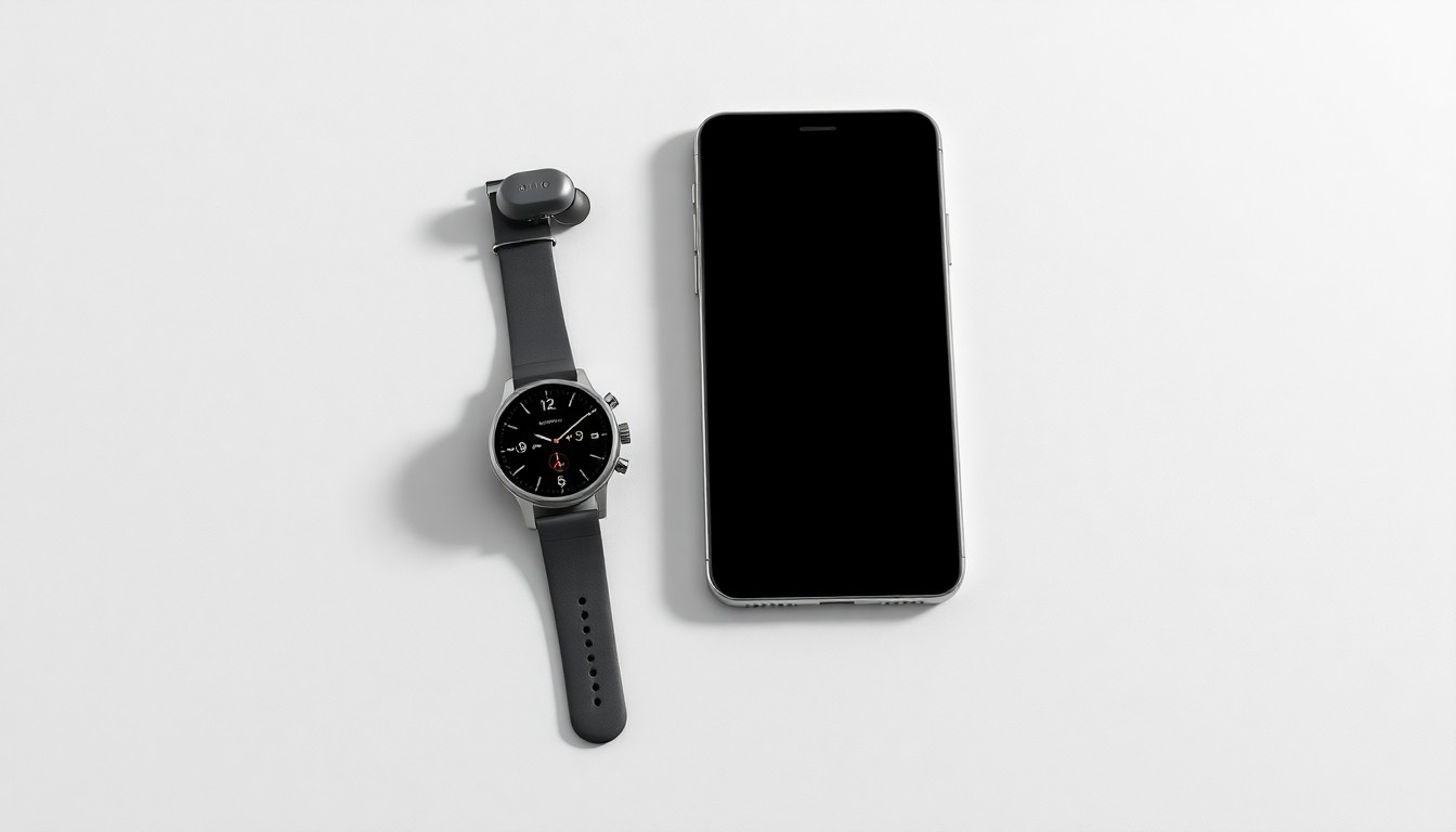 A high-end, photorealistic studio still-life photograph featuring a sleek, modern smartphone, a smartwatch, and a pair of wireless earbuds arranged elegantly on a clean, monochromatic background, conceptually representing the digital tools and apps that busy executives rely on to kickstart their day.