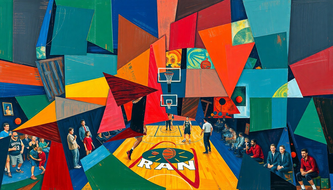 A fragmented, geometric painting in shades of blue, red, and green, depicting the abstract forms of a basketball game or match, symbolizing the complex civic discussions surrounding the potential sale of the Portland Trail Blazers.
