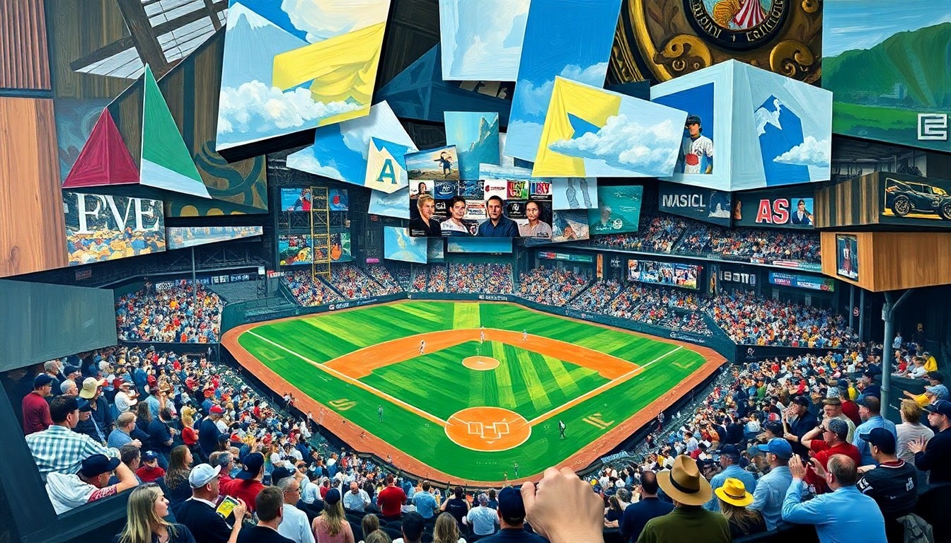 A cubist, geometric painting depicting a fractured, multi-perspective view of a baseball game, with overlapping shapes and planes representing the complex dynamics of the Yankees' offensive woes.