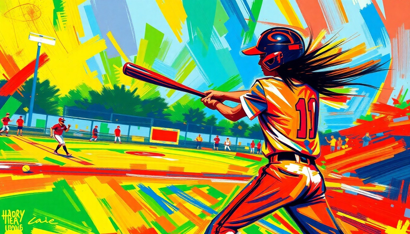 An abstract, expressionistic painting in vibrant neon colors, capturing the raw energy and motion of a high school softball game with the batter's swing and the ball's trajectory dissolving into a blur of movement.