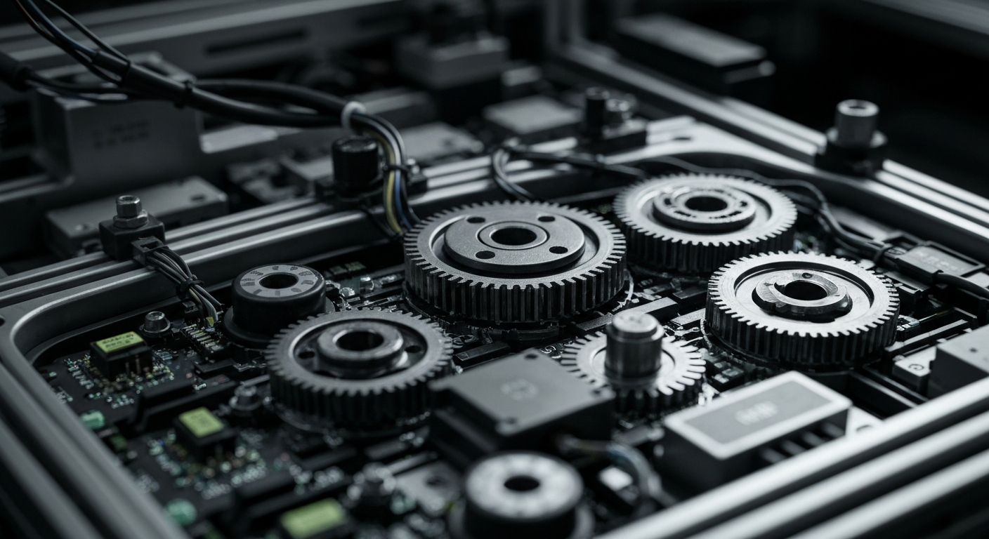 An extreme close-up image of the intricate mechanical components and wiring inside an automotive electronics device, conveying the complex and high-stakes nature of the industry.
