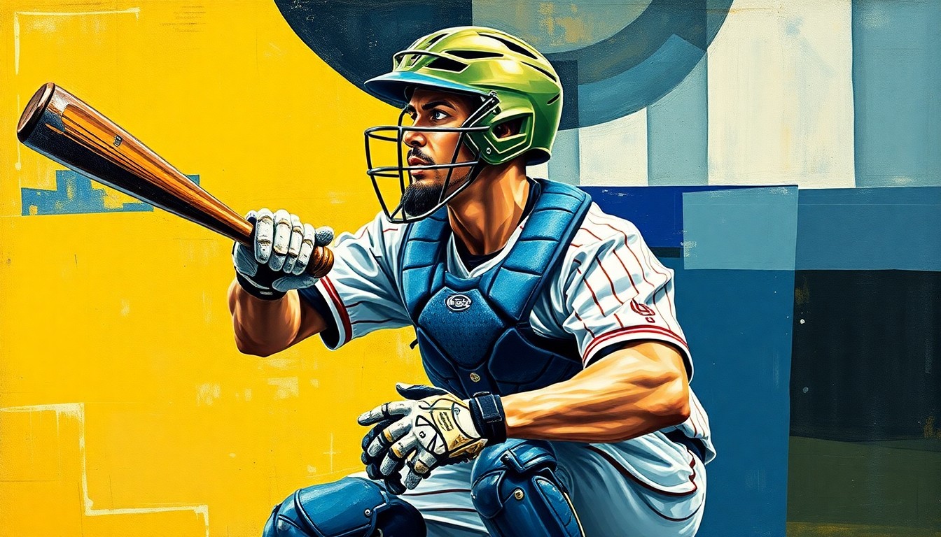 A fractured, geometric painting depicting a baseball catcher's equipment and movements, with sharp, overlapping planes of color and form conveying the disruption caused by a sports injury.