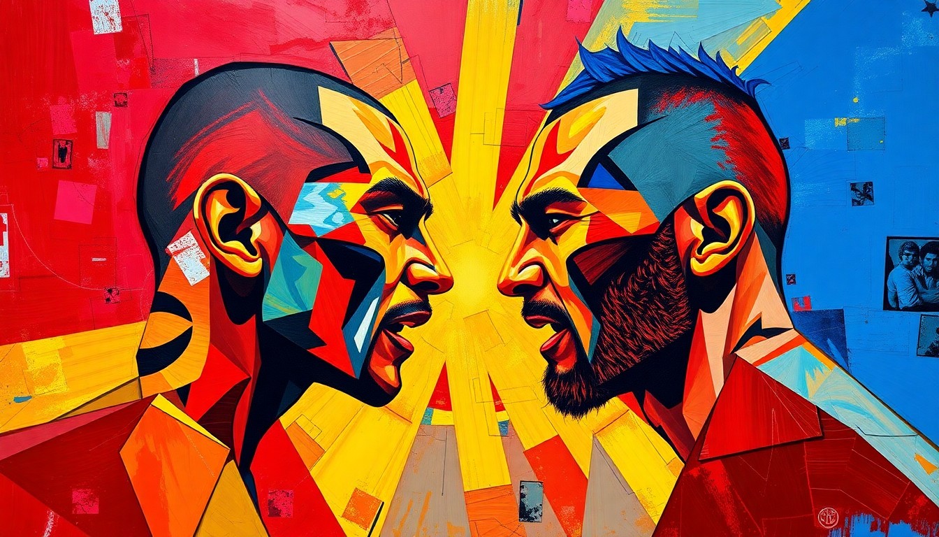 A cubist, geometric painting depicting the dynamic movements and energy of a UFC fight, with sharp, overlapping planes of vibrant red, blue, and yellow colors.