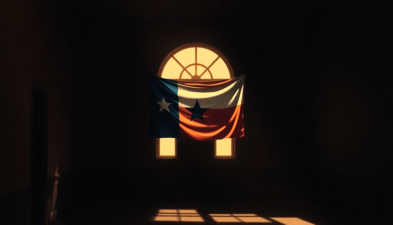 A moody, cinematic painting depicting a lone Texas state flag hanging in a dimly lit government office, the flag bathed in warm, diagonal sunlight and deep shadows, creating a sense of quiet contemplation and the weight of public scrutiny.