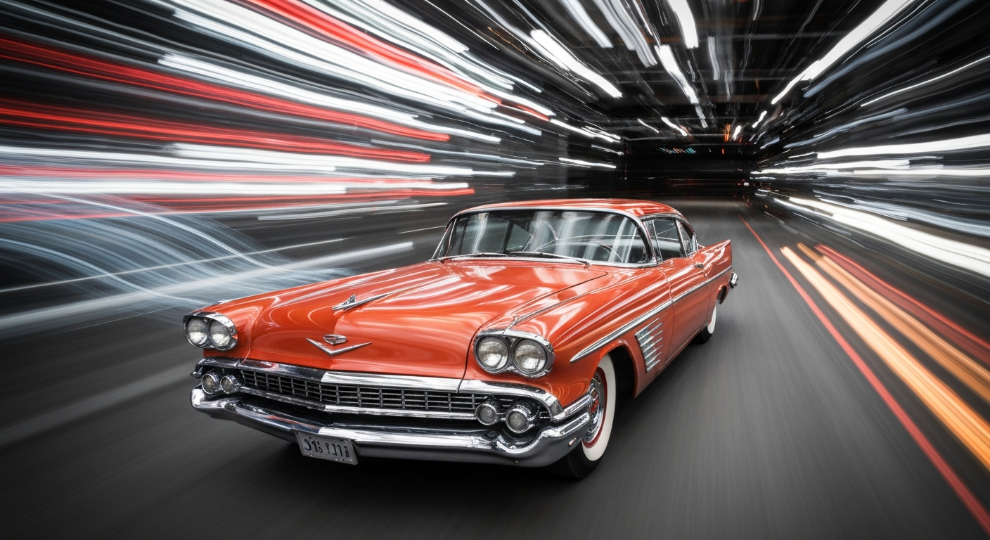 An abstract, motion-blurred image of a classic 1950s GM concept car, with vibrant streaks of color and a sense of speed and movement conveying the forward-thinking design and engineering of these 'dream cars'.