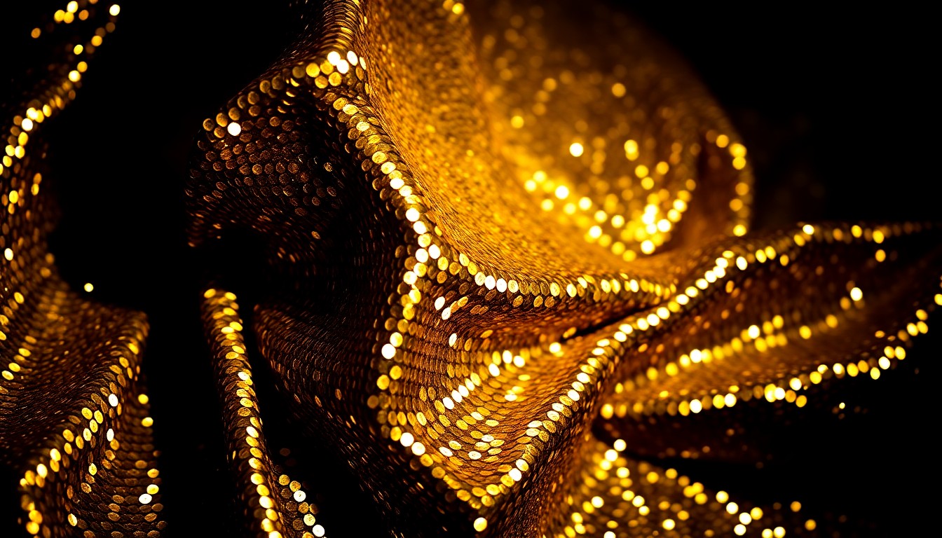 An extreme close-up photograph of a crumpled, glittering gold sequin fabric, capturing the glamour and showmanship of Barry Manilow's legendary music career while conceptually representing the impact of his recent lung cancer diagnosis.