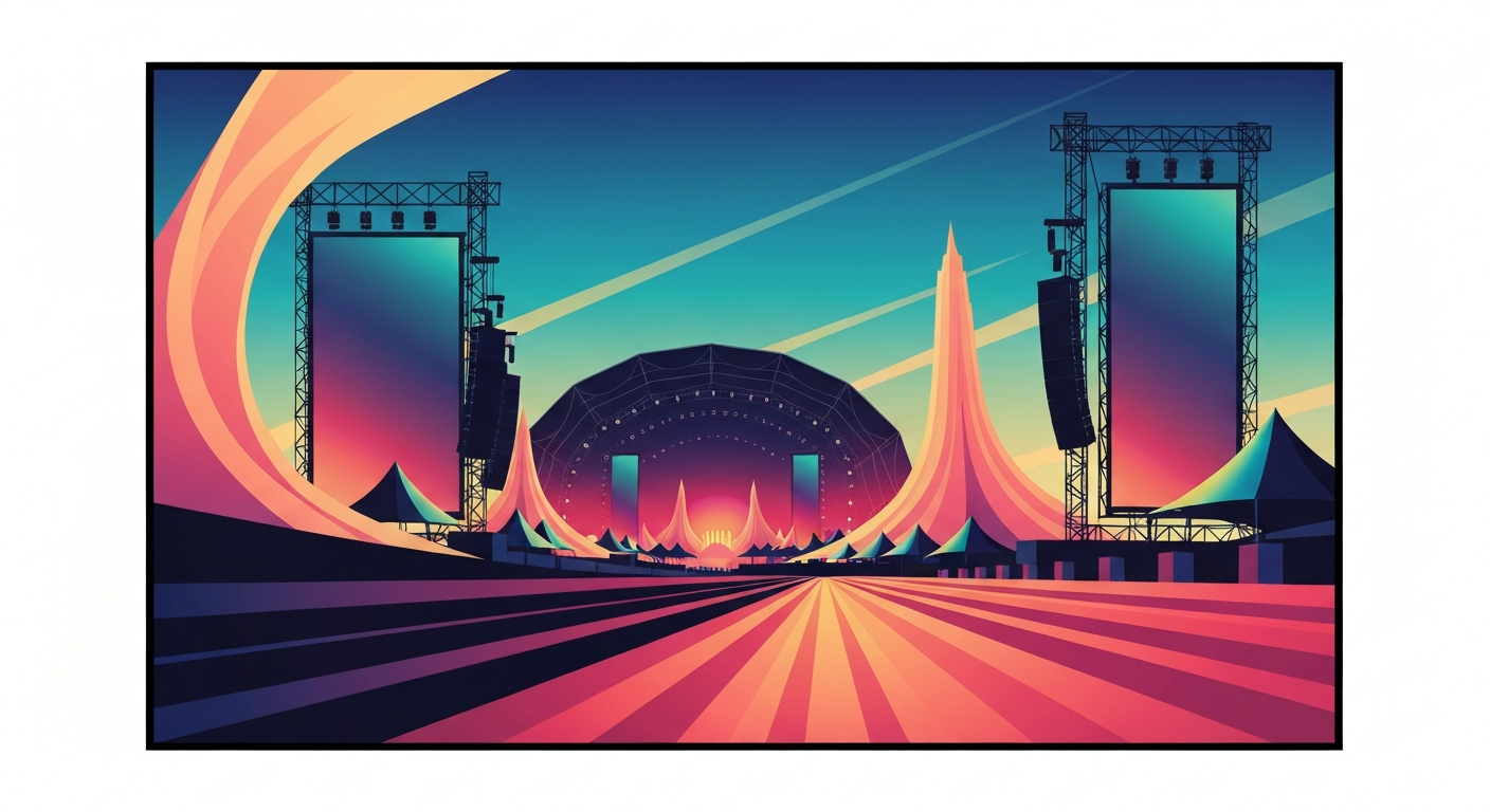 A highly stylized, geometric illustration depicting the grand scale and energy of an outdoor music festival, with sweeping gradients and towering architectural forms, conveying the celebratory atmosphere of the Bluesberry Festival.
