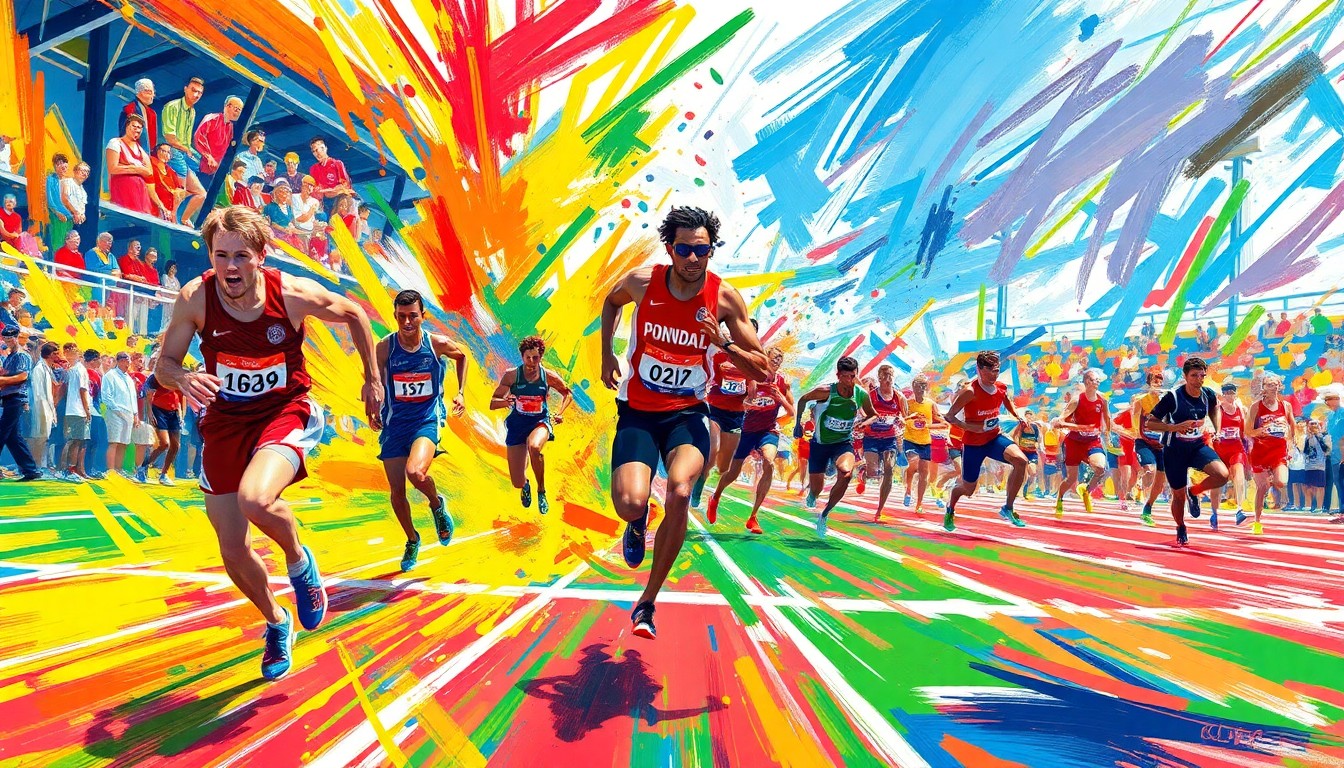 An abstract, energetic painting using bold brushstrokes and neon colors to depict the dynamic movements and competitive spirit of a high school track and field event.