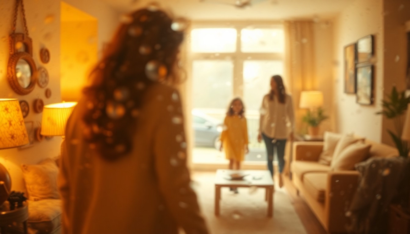 An abstract, impressionistic scene of people moving through a softly lit, out-of-focus living space, conveying a sense of warmth, community, and new beginnings.