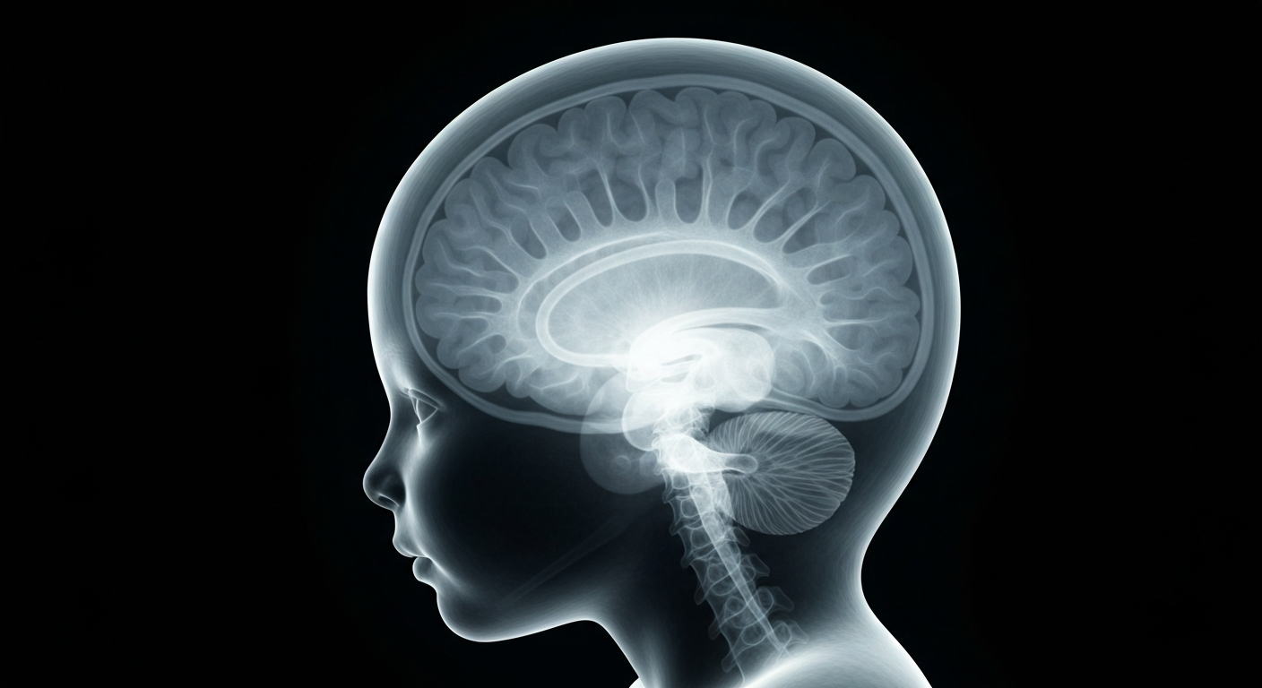 A translucent, ghostly X-ray photograph revealing the delicate internal structures of a child's brain, conveying the unseen medical challenges of a rare genetic condition.