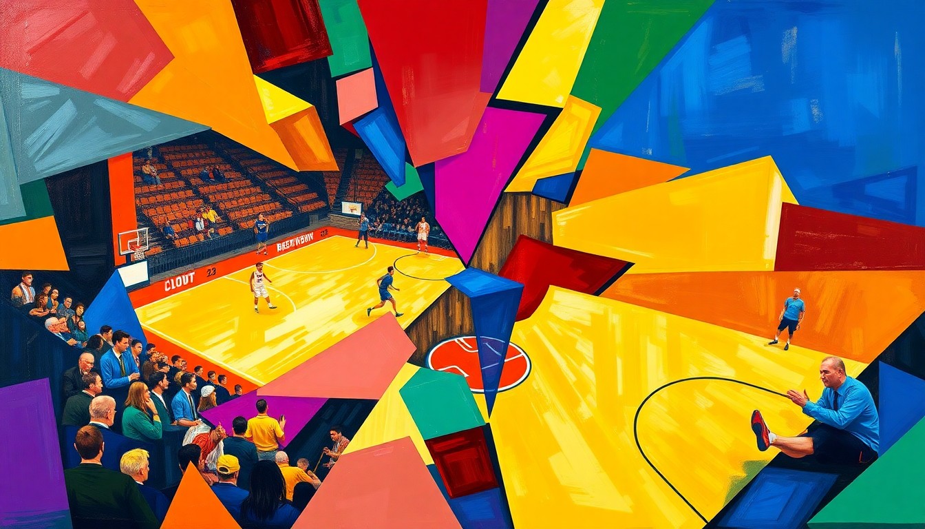 A cubist, geometric painting featuring overlapping planes of bright colors representing a college basketball game or match, conceptually illustrating the changing competitive dynamics of the West Coast Conference.