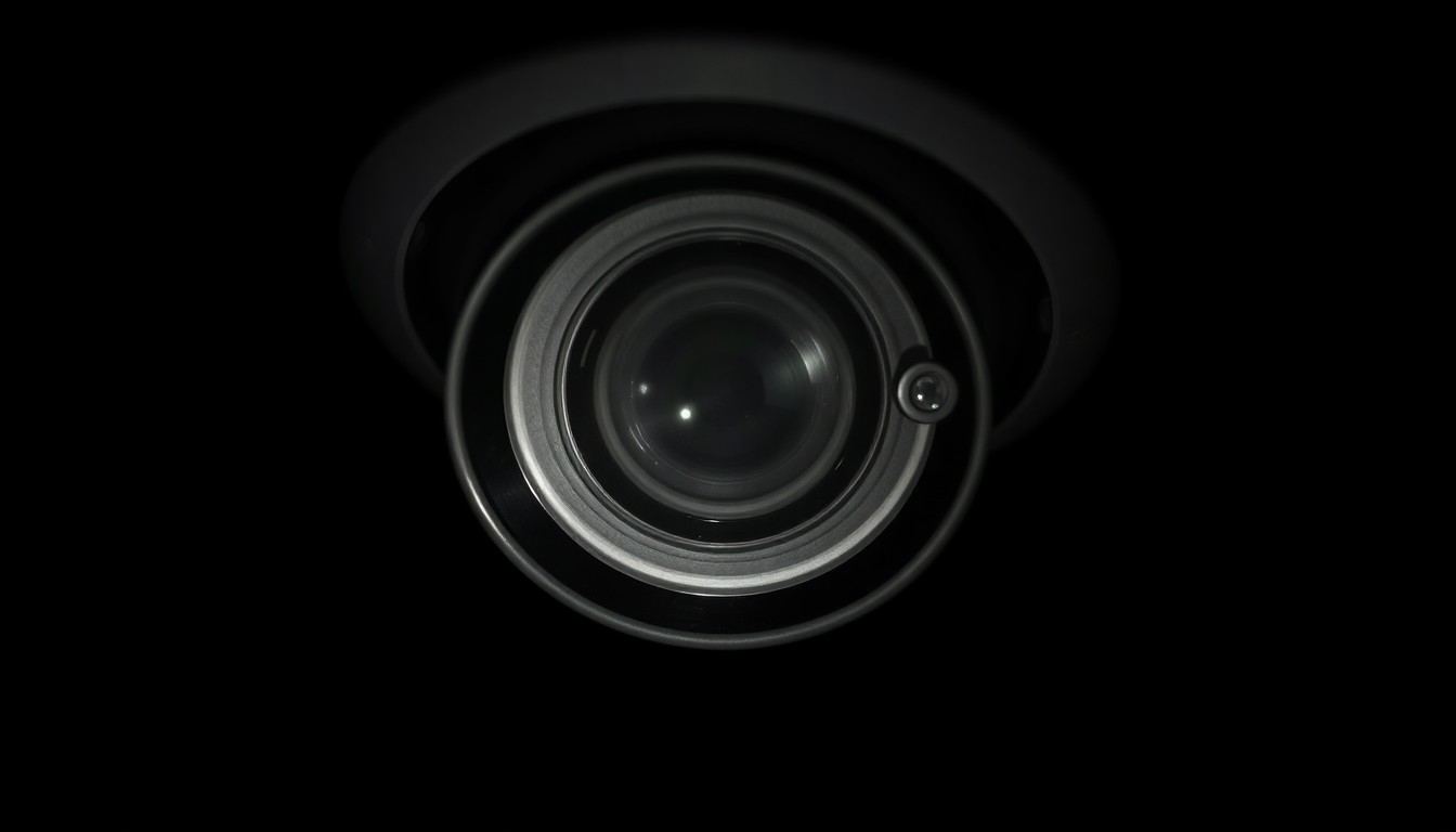 An extreme close-up of a security camera lens reflecting a harsh, direct flash of light, conceptually representing the investigative nature of a defamation lawsuit against disputed allegations.