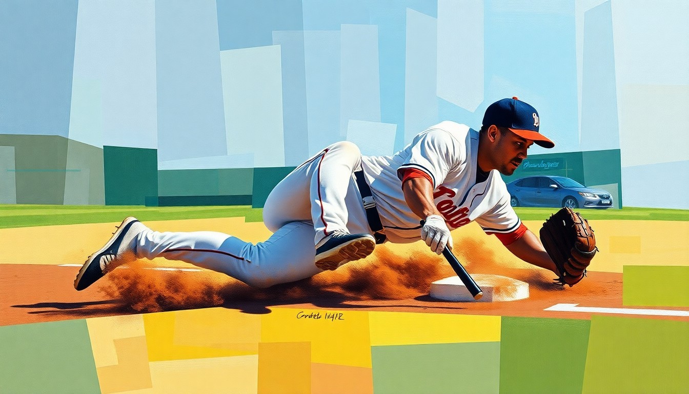 A fractured, geometric painting depicting a baseball player sliding into a base, with sharp planes of color and form representing the dynamic action of the game.