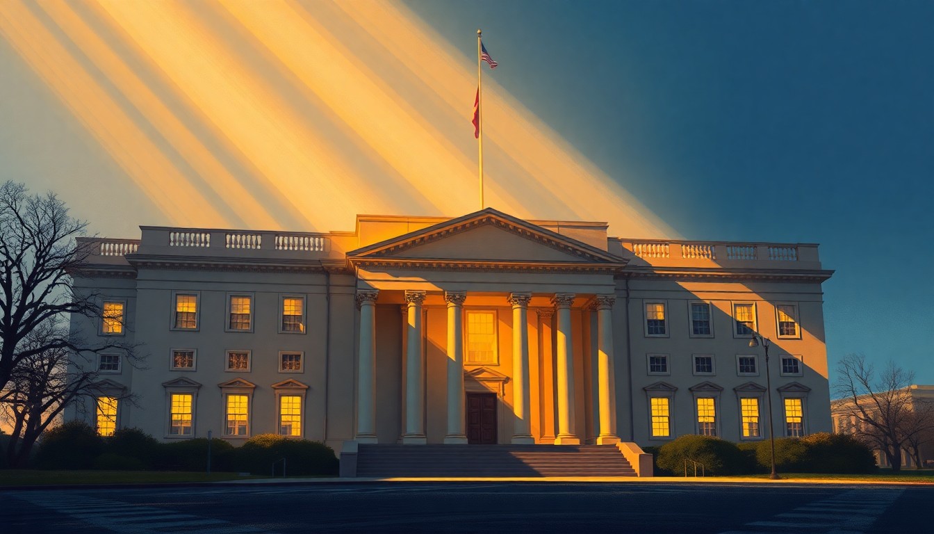 A photorealistic painting of the Eisenhower Executive Office Building in warm, golden light, with deep shadows accentuating the building's ornate, classical architecture, conveying a sense of the structure's historic significance and grandeur.