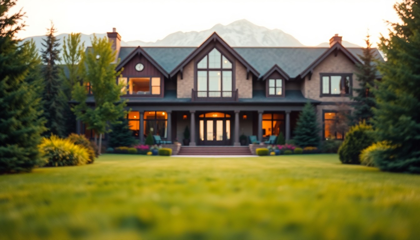 An abstracted, out-of-focus photograph of a grand, traditional-style home surrounded by a lush, manicured lawn, with the Rocky Mountains visible in the background, conveying a sense of luxury, tranquility, and natural beauty.