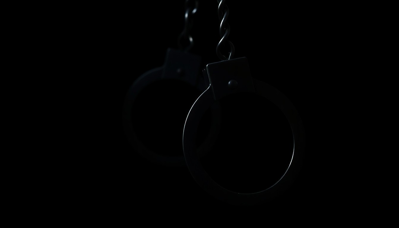 An extreme close-up photograph of a police badge or handcuffs against a stark, black background, lit by a harsh flash to create a gritty, investigative aesthetic that conceptually represents the somber end to a tragic chapter of violence.