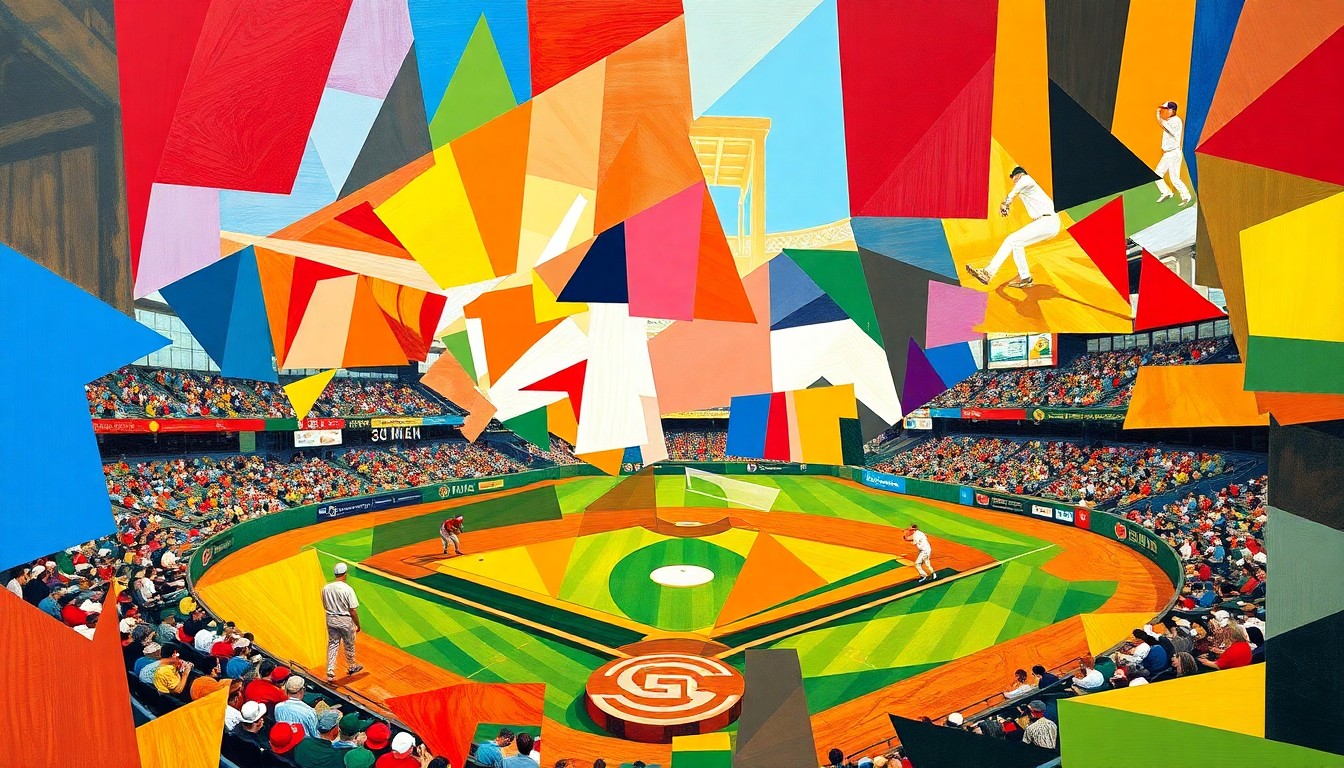 A cubist, geometric painting in bright colors representing the energy and intensity of a college baseball game, with overlapping planes and shapes that deconstruct the action on the field.