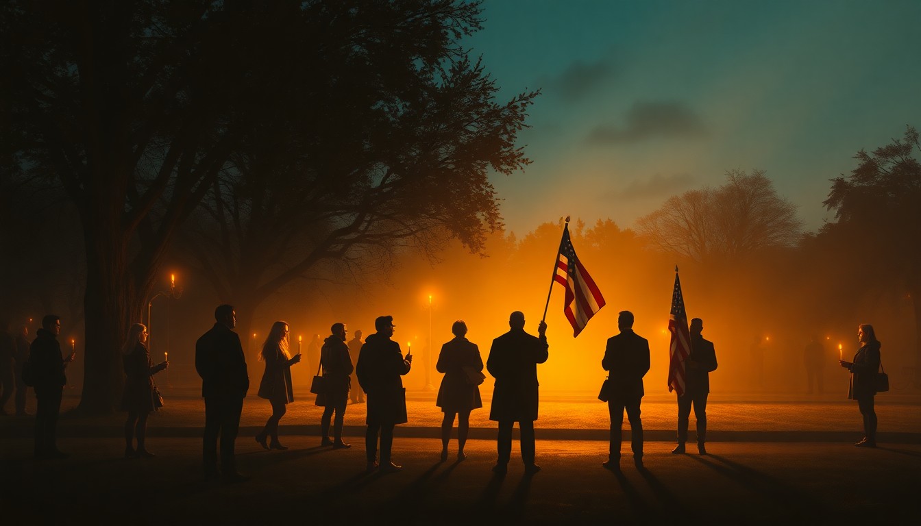 A serene, painterly scene of a group of people gathered in a public park, holding candles and flags, their faces illuminated by warm, golden light, conveying a sense of mourning and solidarity in the face of a humanitarian crisis.