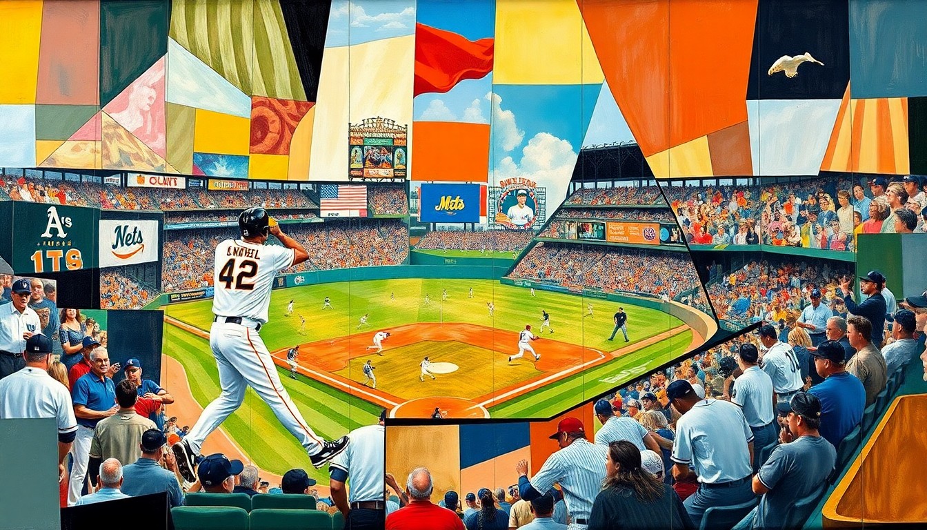 A fractured, multi-perspective painting in the cubist style, breaking down a baseball game between the Athletics and Mets into sharp, overlapping geometric planes. The painting features key players and moments from the game, including Jeff McNeil's at-bats, defensive plays, and interactions with the crowd, all rendered in a way that captures the raw emotion and energy of the event.