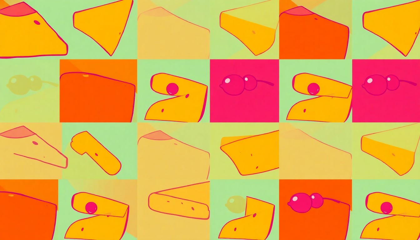 A vibrant, high-contrast silkscreen print of a single, iconic charcuterie board item such as a wedge of cheese or cured meat, repeated in a tight grid pattern in bold, neon colors with heavy black outlines, conceptually representing the artful and visually appealing charcuterie offerings of the new Graze Craze location.