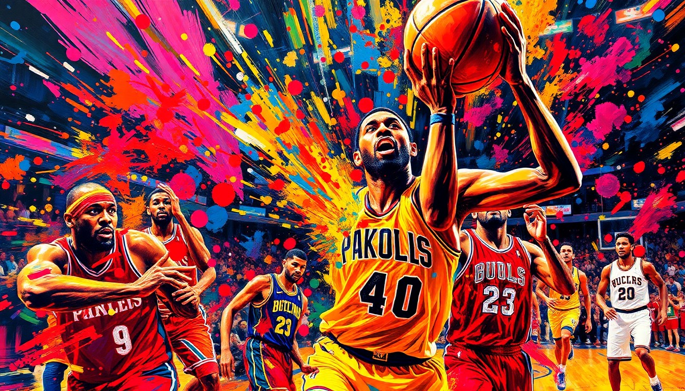An abstract, expressionist painting featuring bold, neon-colored brushstrokes that capture the dynamic movement and energy of a basketball game, with players' forms dissolving into vibrant splashes of color.