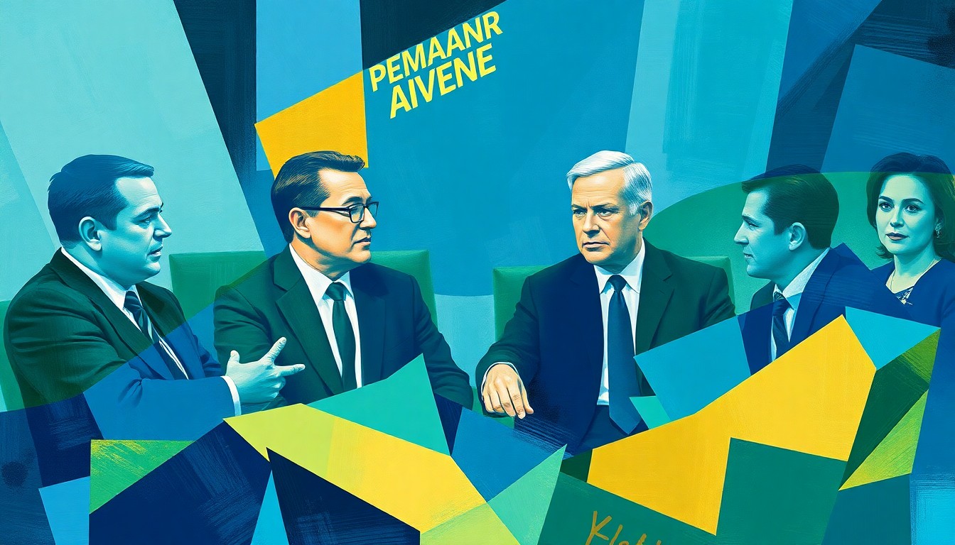A dynamic, abstract painting featuring overlapping, fractured geometric shapes in shades of blue, green, and gold, conceptually representing the debate over the Permanent Fund Dividend among Alaskan state legislators.