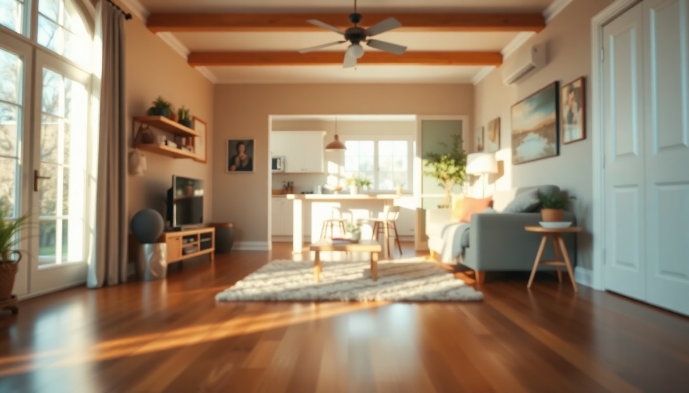 An extremely abstracted, out-of-focus photograph of a warm, inviting living room with hardwood floors, a plush rug, and a glimpse of a kitchen, all in soft, muted tones, conceptually representing the cozy, functional living space of the Wilmington townhome.