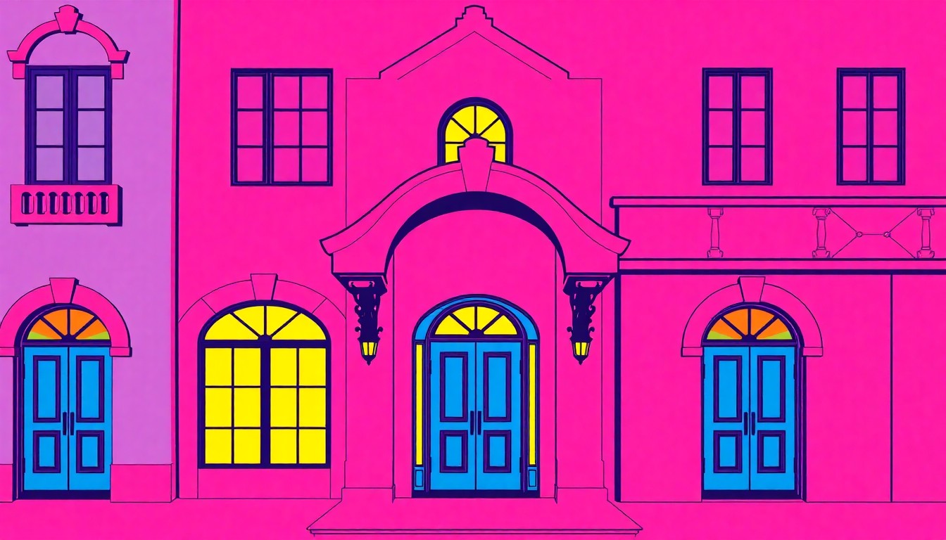 A brightly colored, high-contrast silkscreen-style illustration featuring a repeating pattern of a decorative front door or window frame in shades of neon pink, lime green, and electric blue, conceptually representing the luxury and visual appeal of a high-end residential property.
